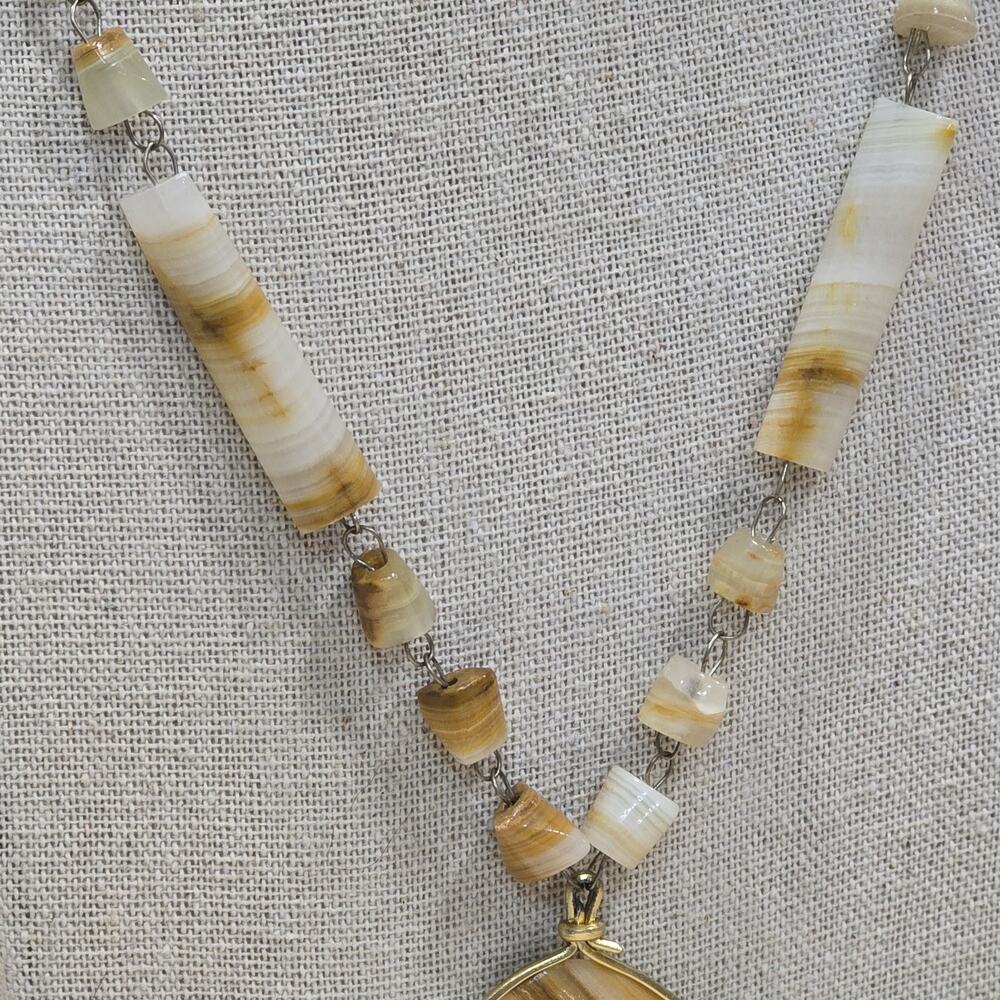 Retro Vintage White Yellow Onyx Mexican Agate Beaded Chain Pendant Necklace - Picture 4 of 12